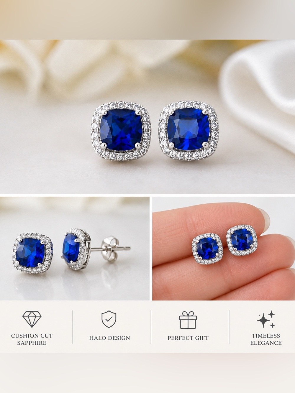 Classic Sapphire Blue Cushion Cut Halo Stud Earrings Silver Tone NEW